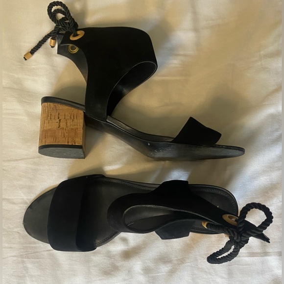Shoes Of Prey Black Leather Suede Low Block Cork Heel Ankle Ties SZ US 12 Custom - Picture 5 of 15